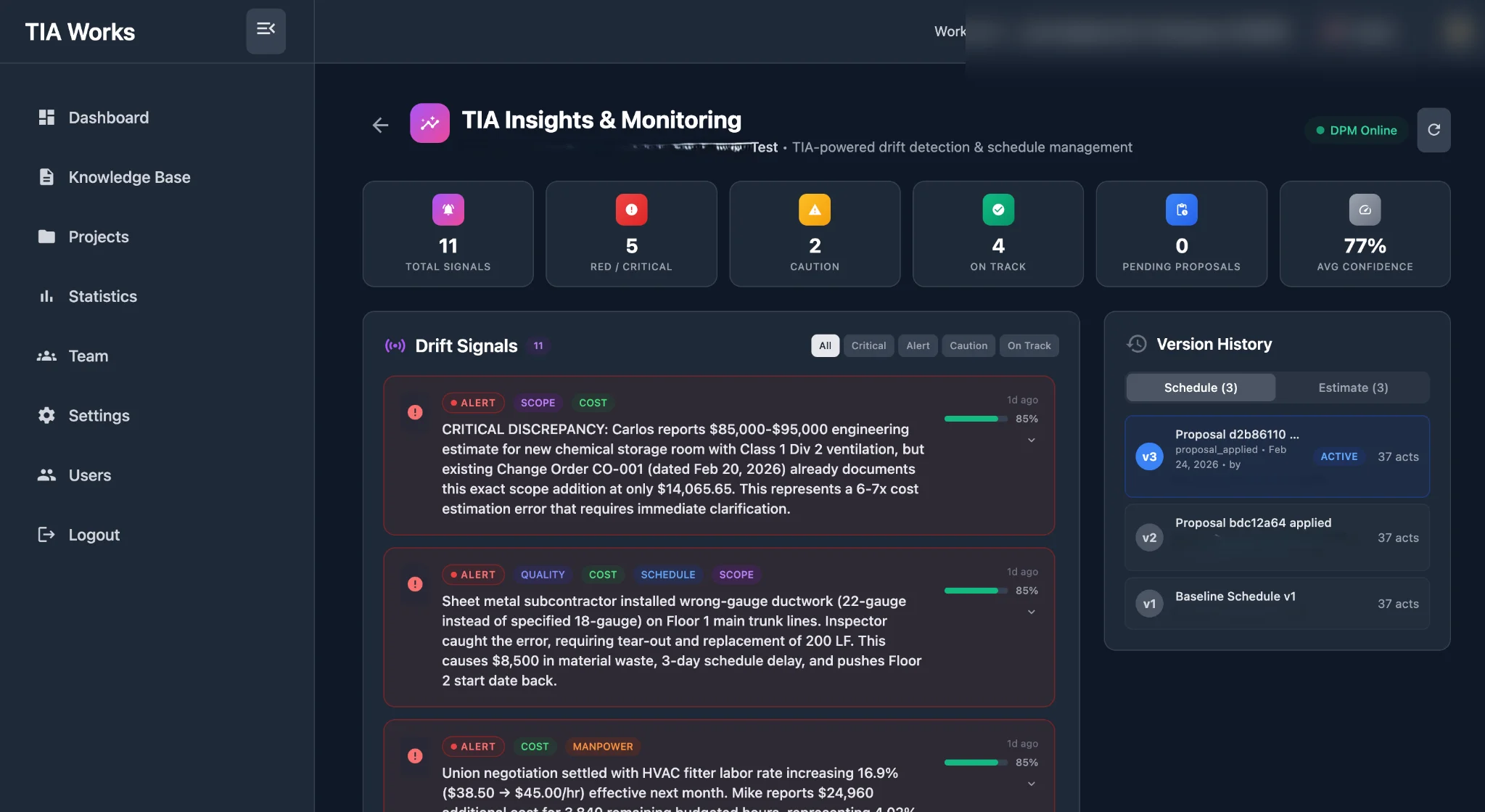 DPM Drift Signals dashboard showing active alerts and real-time schedule monitoring