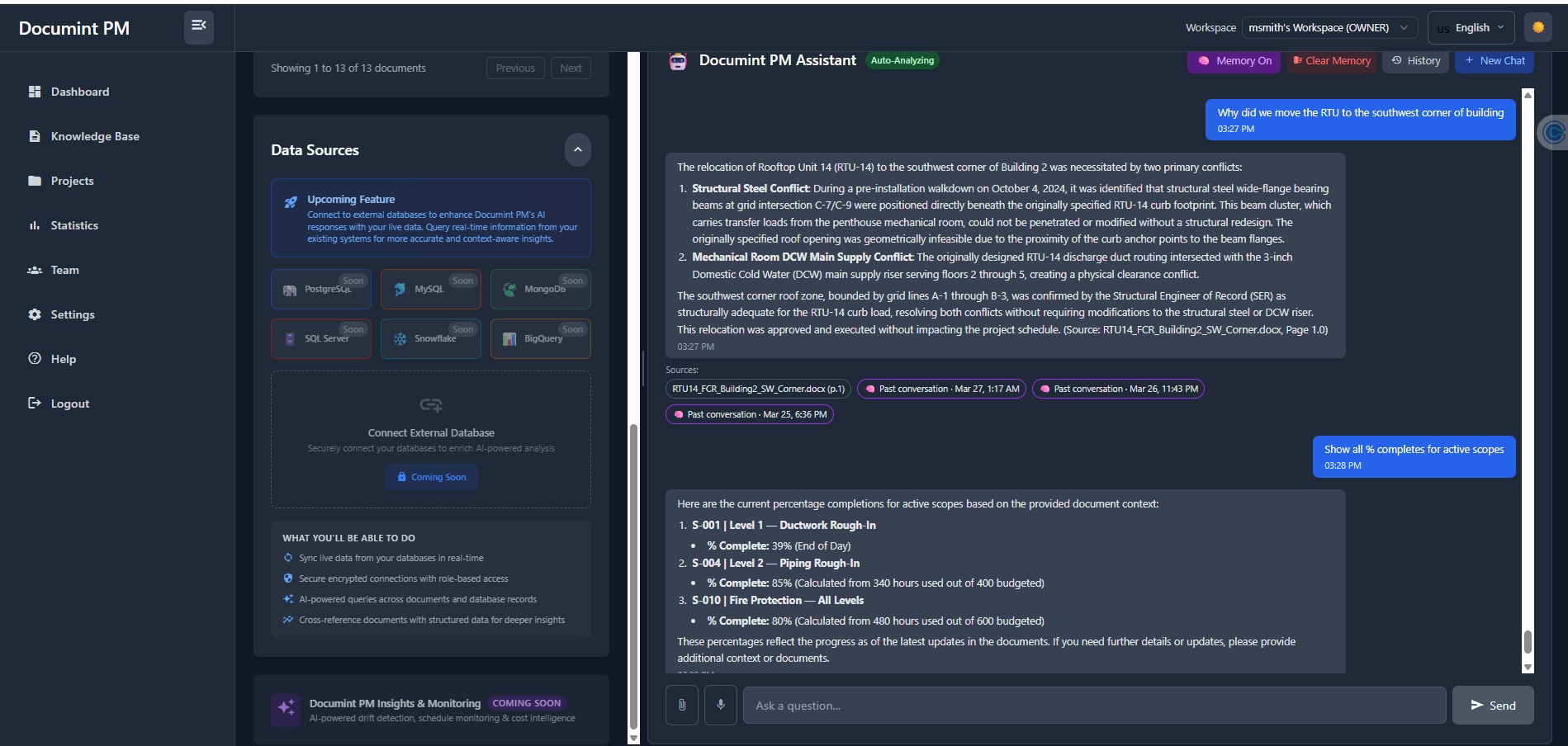 DPM showing RTU relocation change order analysis for Building 2 southwest corner