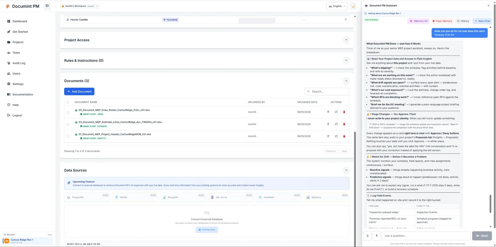 Documint PM workspace with TIA answering a project question in the assistant panel on the right