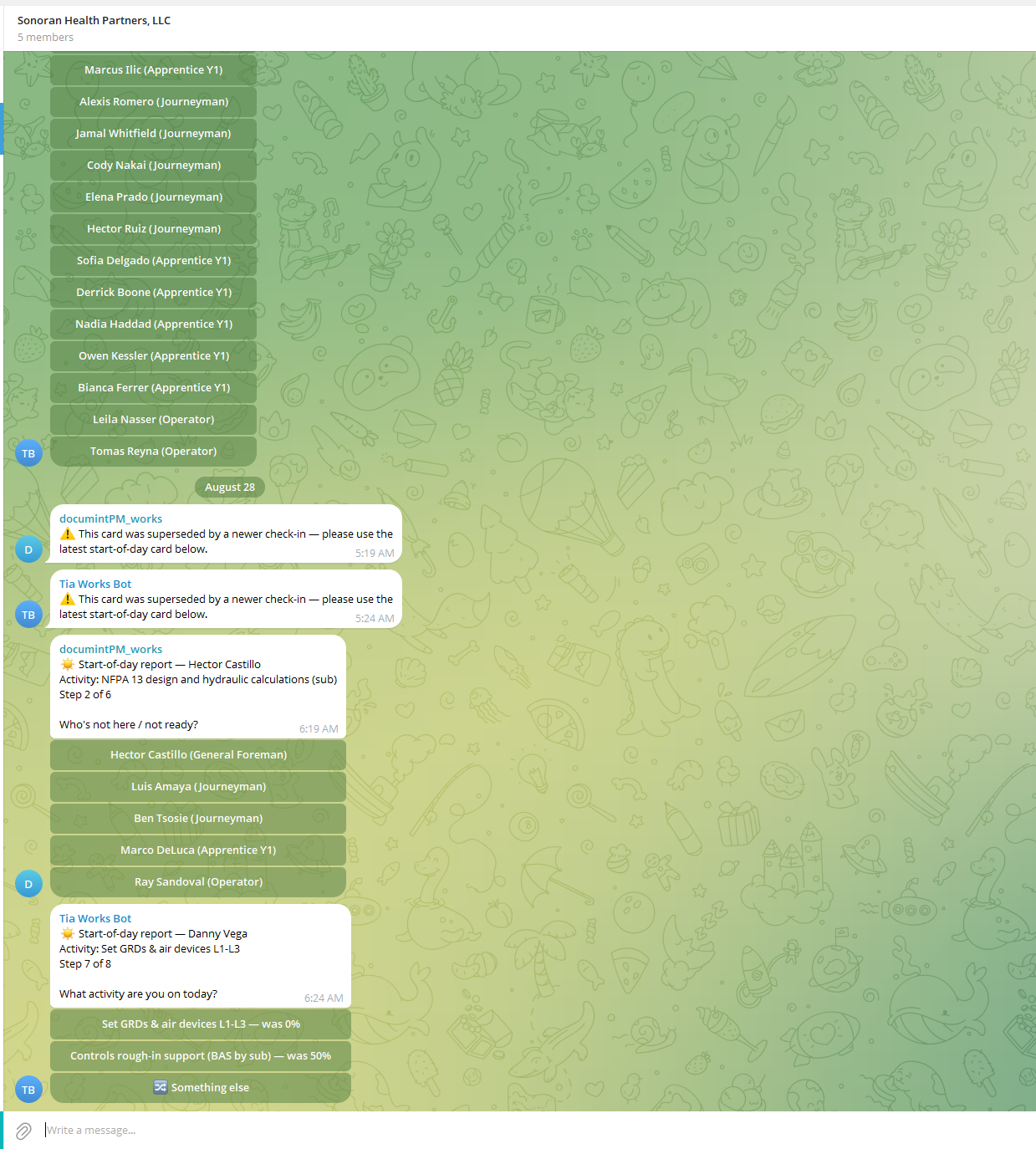 TIA running start-of-day check-ins inside a Telegram crew channel — superseded-card guardrails and per-activity buttons for foremen and journeymen